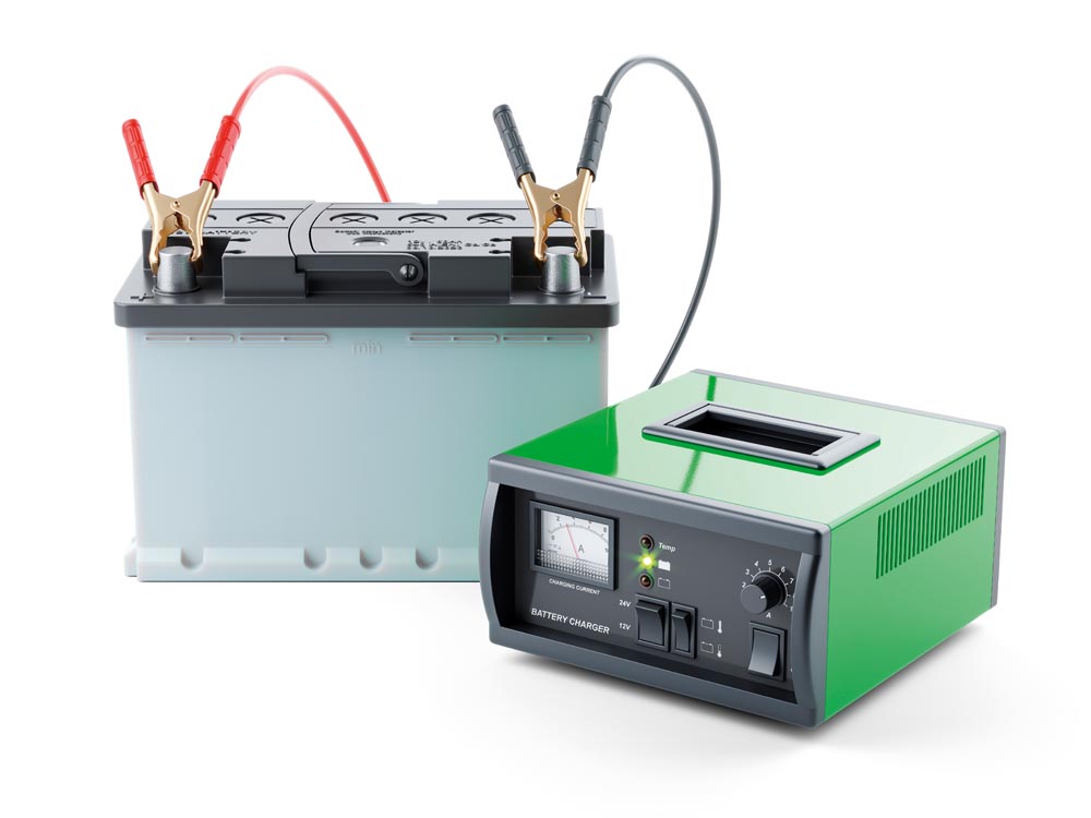 Bilbatteri kopplat till en batteriladdare