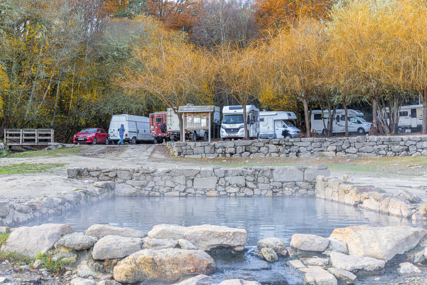 Parkering med husbilar och nån bil. Framför syns en pool omgärdad av sten med varmt vatten.