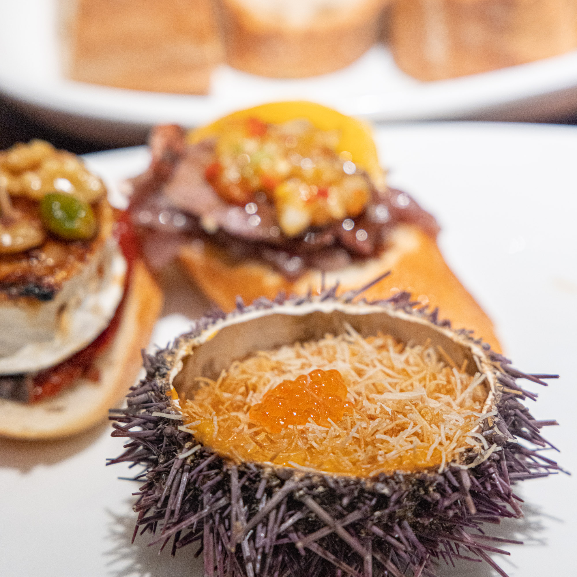 Tre pintxos på en tallrik. Två med bas av baguette och en serverad i ett skal av sjöborre.